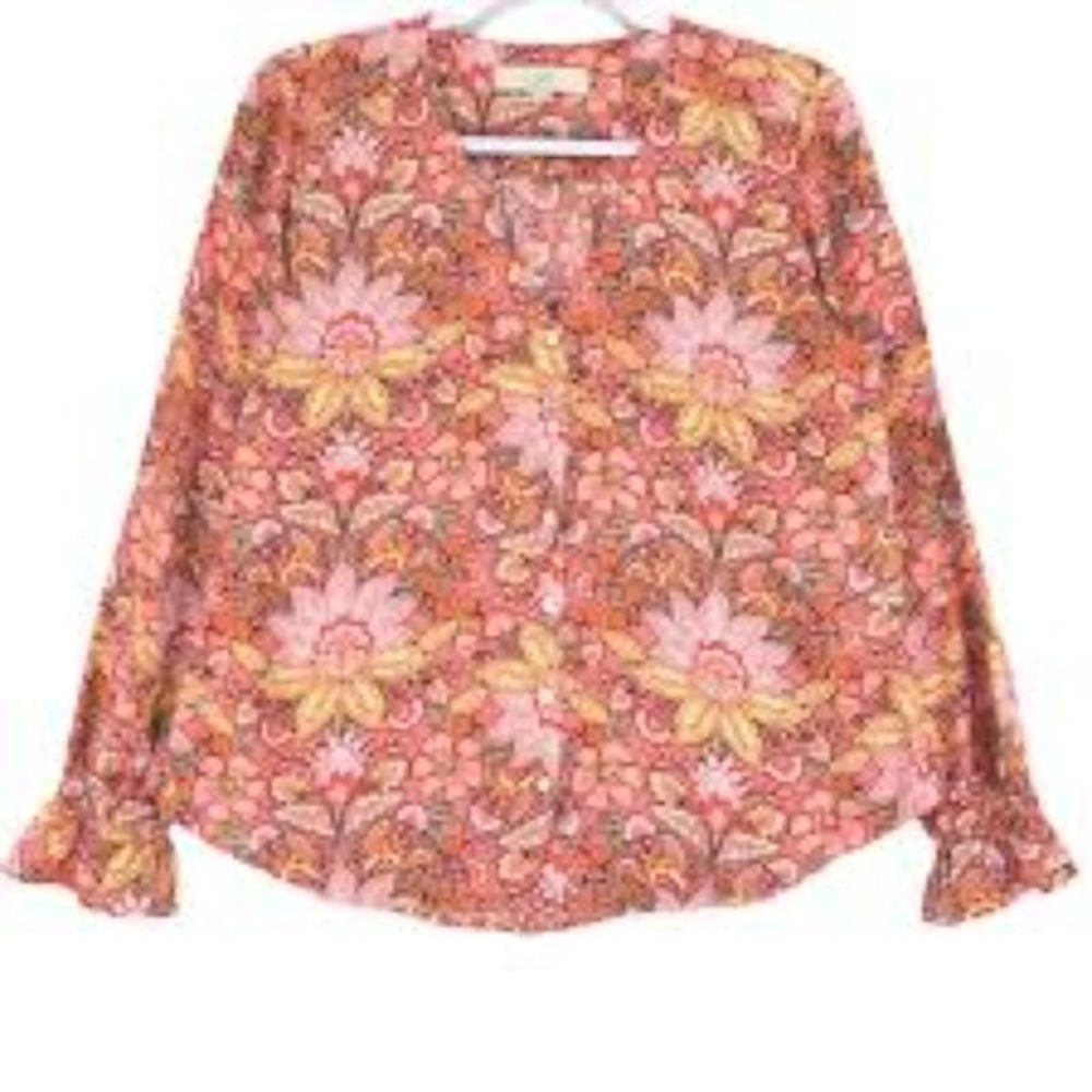 Loft Boho Blouse Women's Medium Orange Pink Floral Ruffle Cuff Button‎ Front